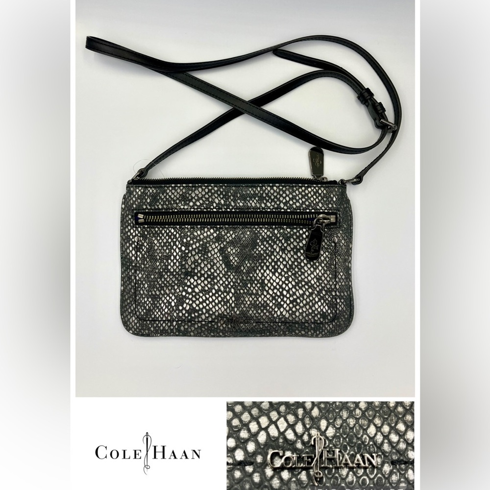 Cole Haan Small Black & Silver Faux Embossed Leather Snake Print Crossbody Bag